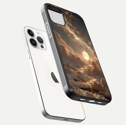 Golden Sky Dream Glass Case for iPhone 14 Pro floating dual-view mockup showing gloss depth and elegant finish