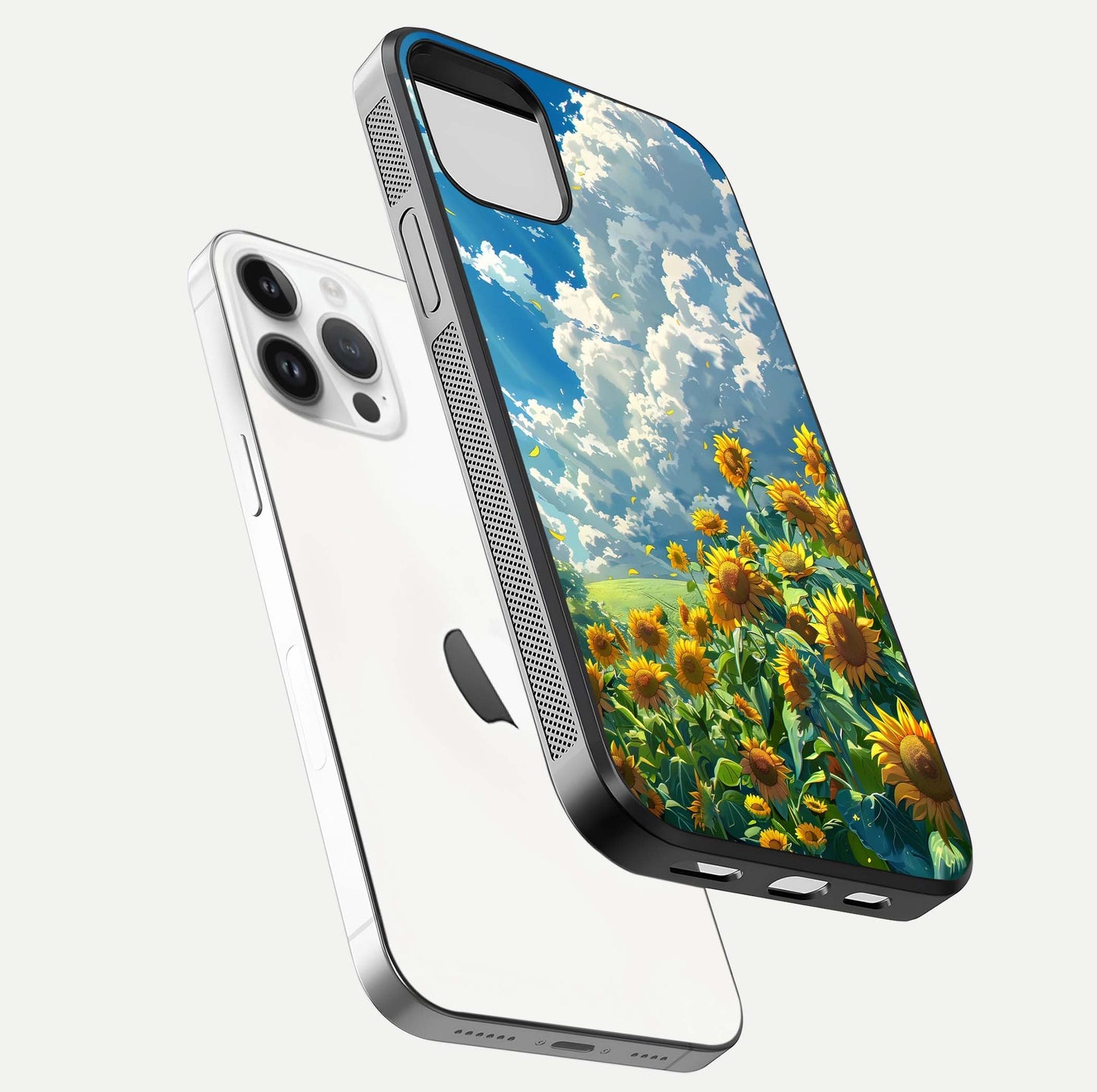 Golden Sun Glory Glass Case for iPhone 14 Pro floating dual-view mockup showing gloss shine and premium surface