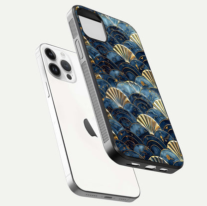 Golden Wave Luxe Glass Case for iPhone 14 Pro floating dual-view mockup showing gloss surface and shimmering tones