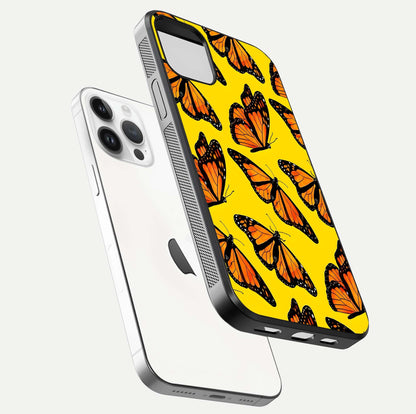 Golden Wing Flight Glass Case for iPhone 14 Pro floating dual-view mockup showing gloss reflection and luxury tone