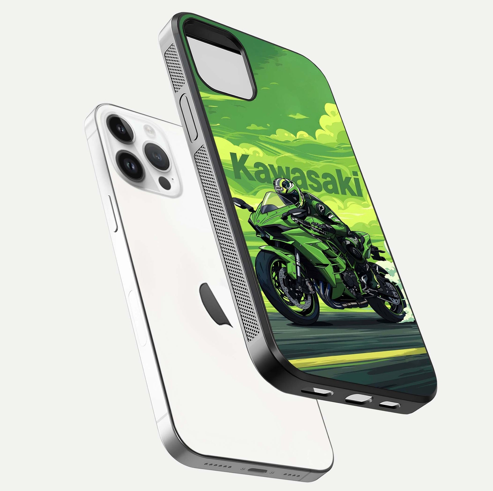 Green Kawasaki Glass Case for iPhone 14 Pro floating dual-view mockup showing gloss surface and power-bike theme