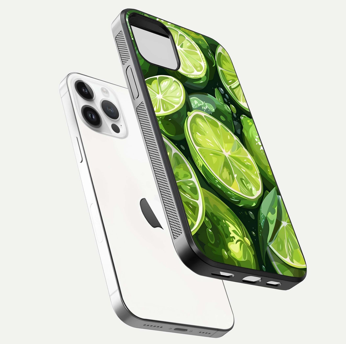 Green Lemon Glass Case for iPhone 14 Pro floating dual-view mockup showing glossy surface and fruity freshness