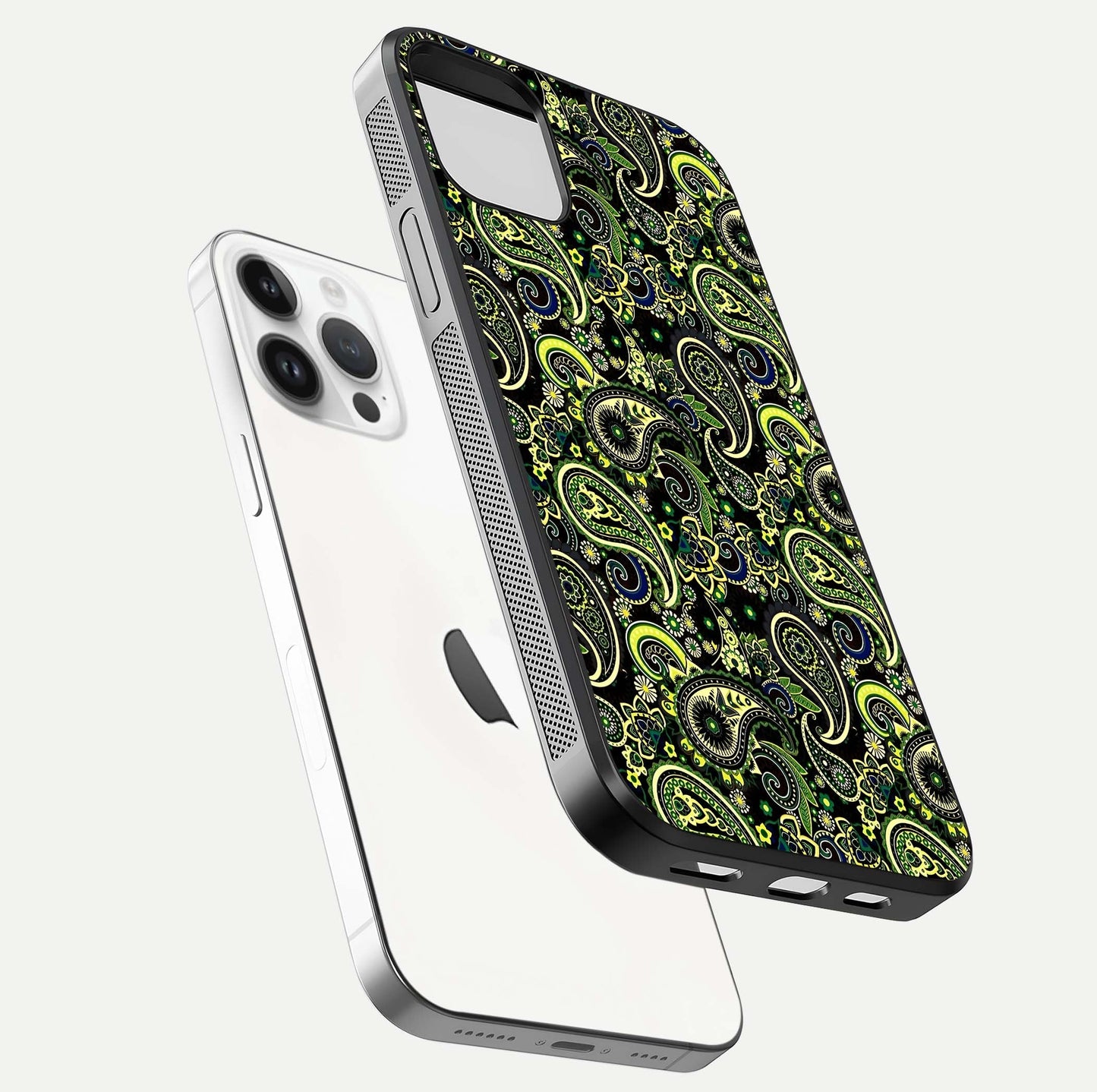 Green Mandala Pattern Glass Case for iPhone 14 Pro floating dual-view mockup showing gloss texture and symmetry shine