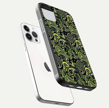 Green Mandala Pattern Glass Case for iPhone 14 Pro floating dual-view mockup showing gloss texture and symmetry shine