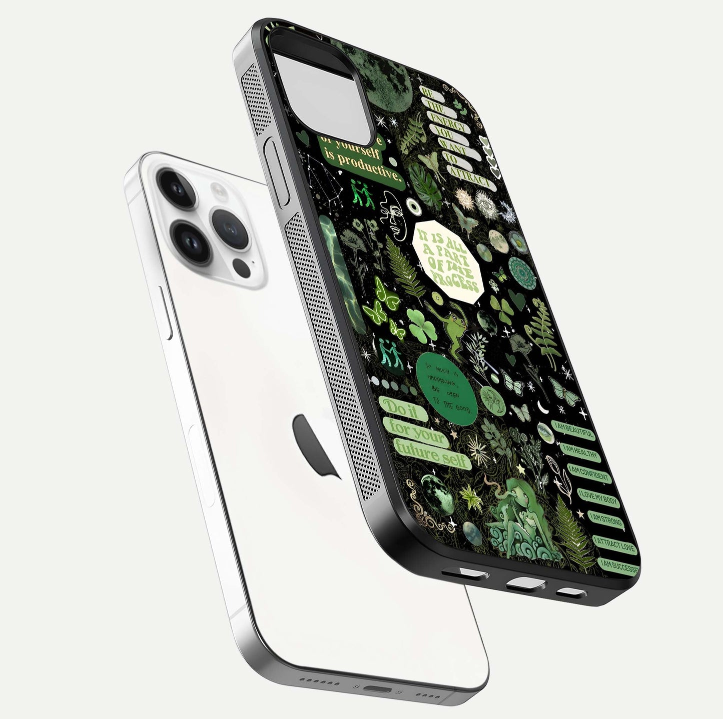 Green Moon Energy Glass Case for iPhone 14 Pro floating dual-view mockup showing glossy texture and energy aura