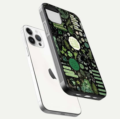 Green Moon Energy Glass Case for iPhone 14 Pro floating dual-view mockup showing glossy texture and energy aura