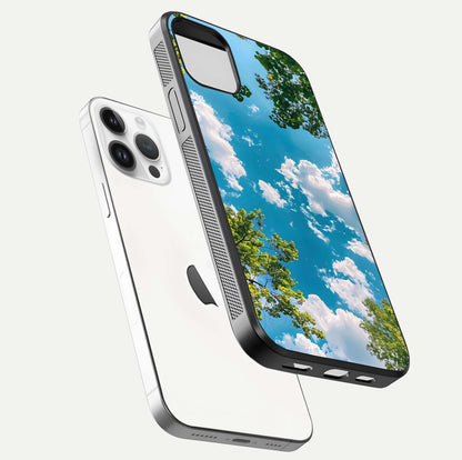 Greenery Sky Glass Case for iPhone 14 Pro floating dual-view mockup showing glossy shine and soft natural tones