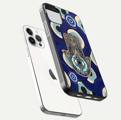 Hamsa Divine Guard Glass Case for iPhone 14 Pro floating dual-view mockup showing gloss shine and mystical pattern