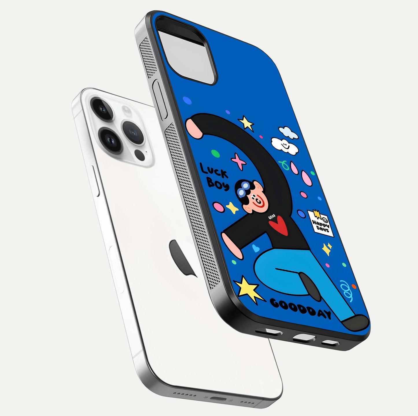 Happy Luck Vibe Glass Case for iPhone 14 Pro floating dual-view mockup showing glossy tone and bright finish