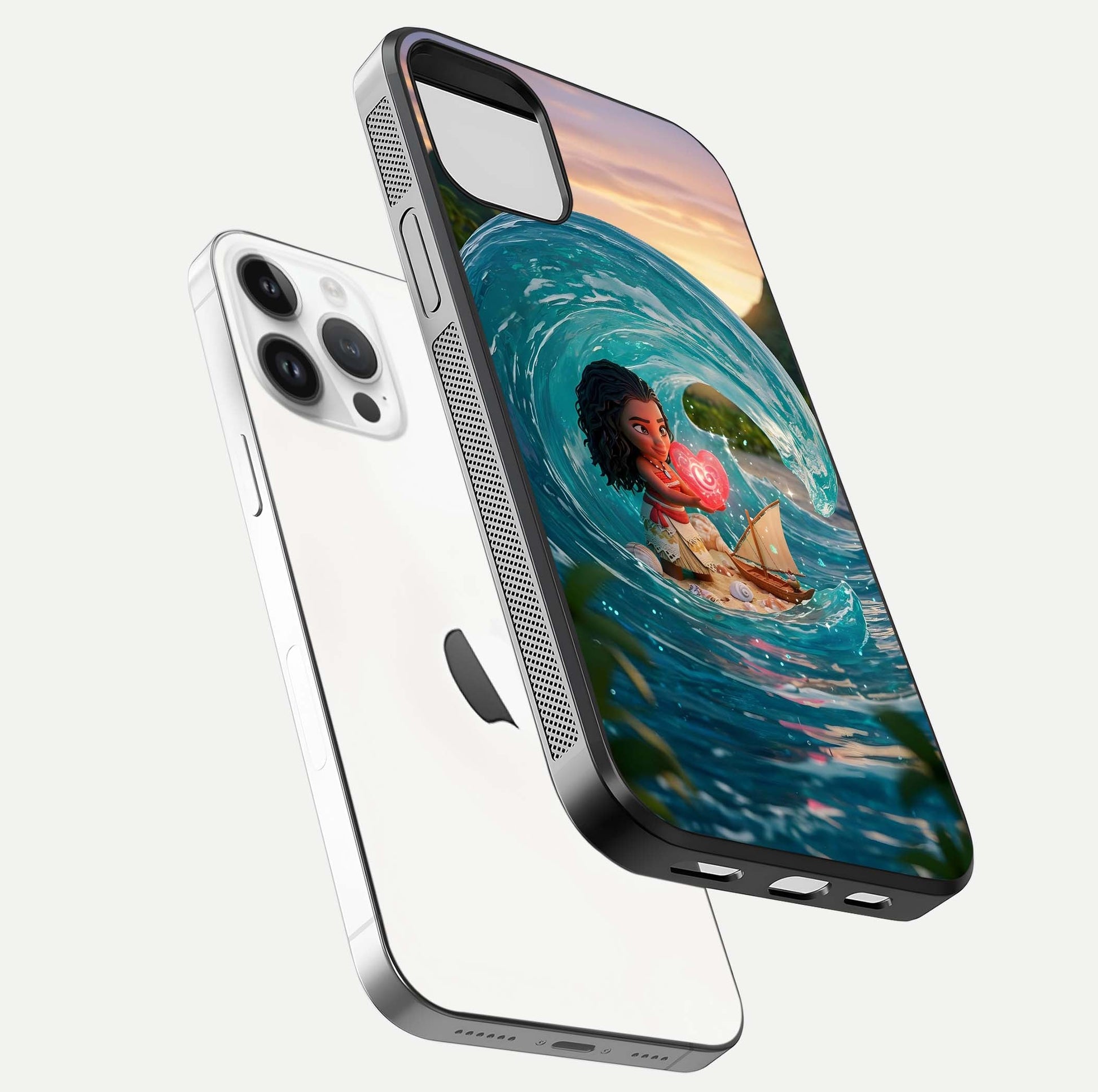 Heart of Ocean Glass Case for iPhone 14 Pro floating dual-view mockup showing gloss surface and aquatic design