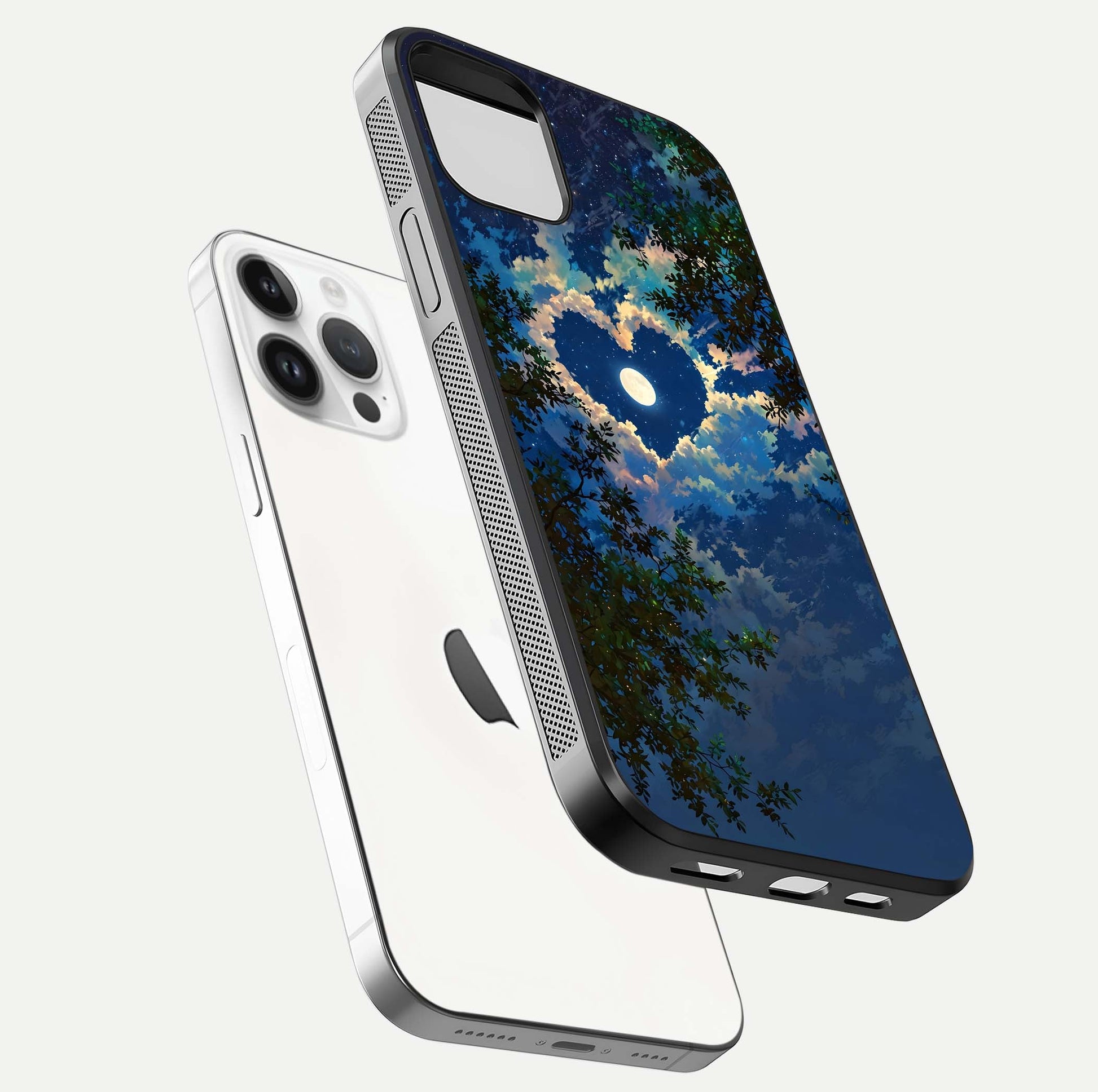 Heart with Moon Sky Glass Case for iPhone 14 Pro floating dual-view mockup showing gloss texture and romantic sky glow