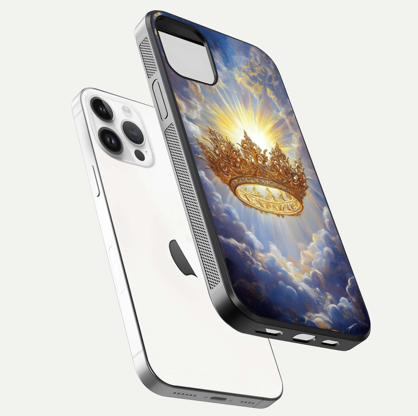 Heavenly Crown Light Glass Case for iPhone 14 Pro floating dual-view mockup showing gloss shine and luminous crown texture