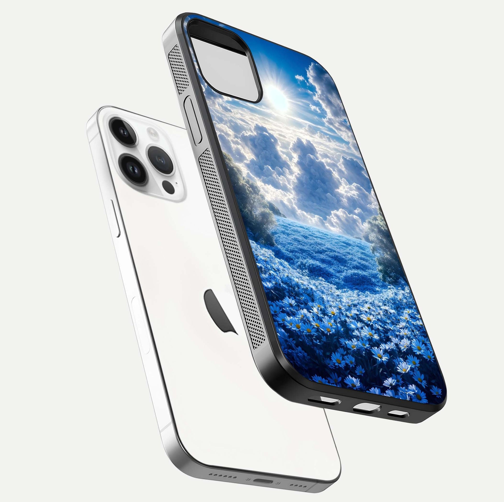 Heavenly Daisy Horizon Glass Case for iPhone 14 Pro floating dual-view mockup showing gloss polish and soft pastel background