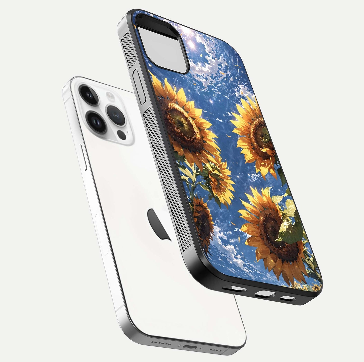 Heavenly Sunflower Rise Glass Case for iPhone 14 Pro floating dual-view mockup showing gloss brightness and morning-light feel