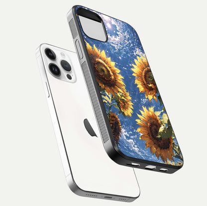 Heavenly Sunflower Rise Glass Case for iPhone 14 Pro floating dual-view mockup showing gloss brightness and morning-light feel
