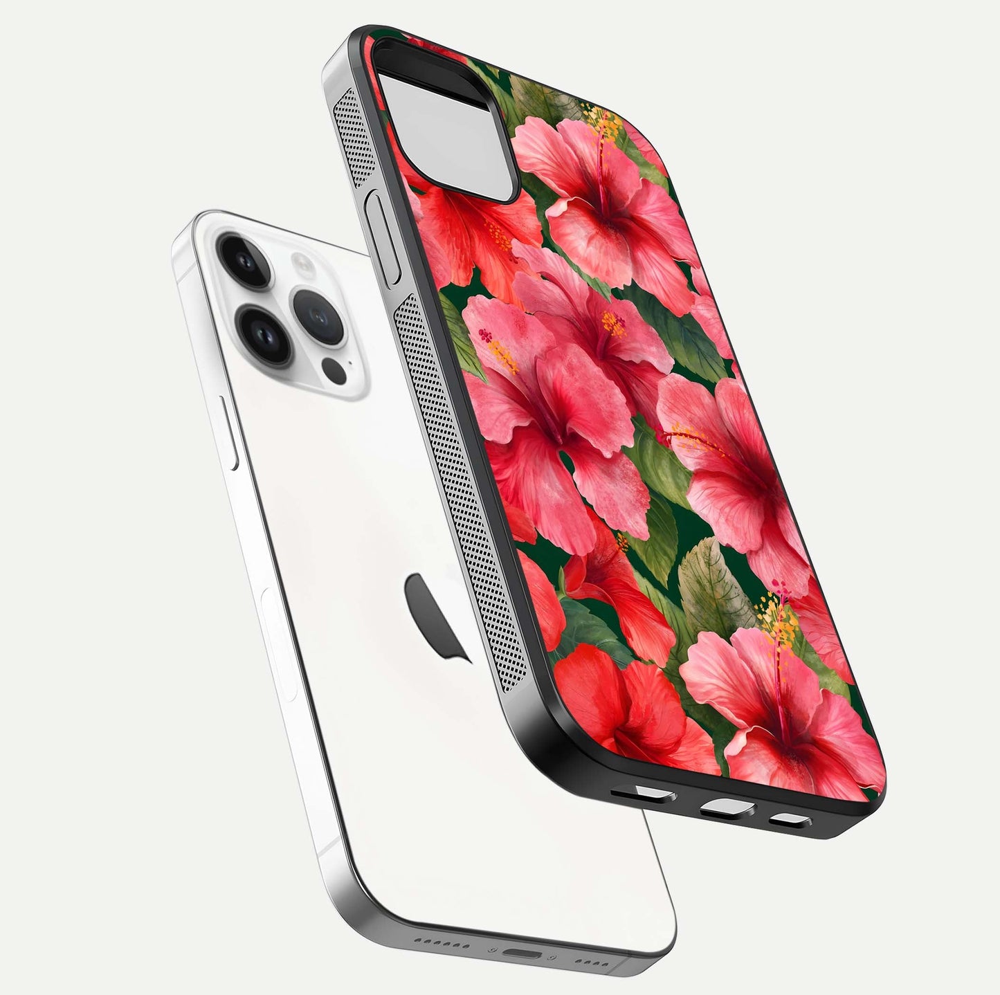 Hibiscus Pattern Glass Case for iPhone 14 Pro floating dual-view mockup showing glossy texture and vivid color depth