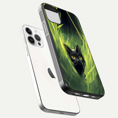 Hidden Cat Whisper Glass Case for iPhone 14 Pro floating dual-view mockup showing glossy tone and elegant cat silhouette