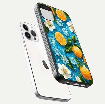 Ice Cube With Orange Glass Case for iPhone 14 Pro floating dual-view mockup showing glossy shine and cool refreshing tone