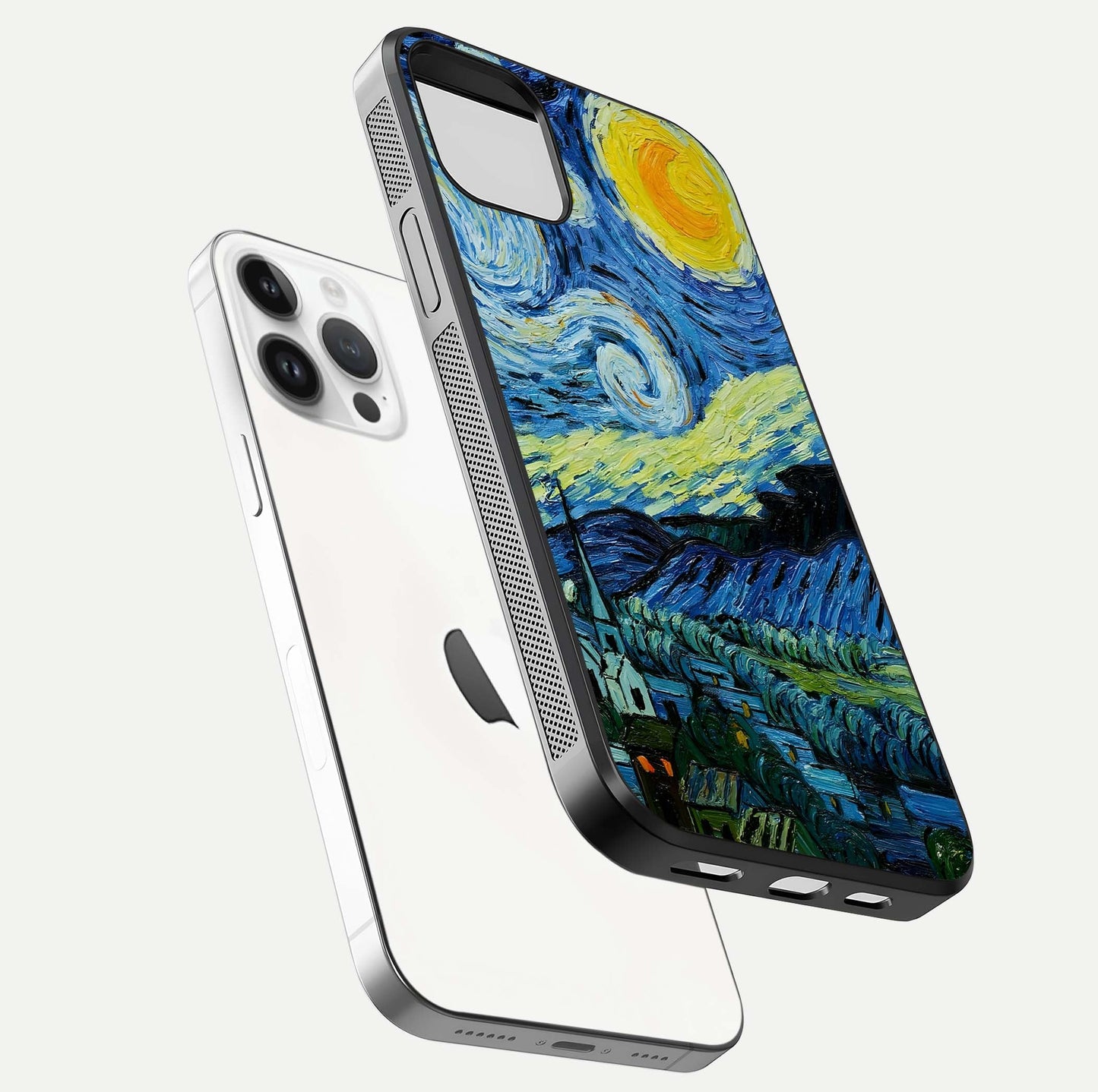 Inspired Van Gogh Art Glass Case for iPhone 14 Pro floating dual-view mockup showing gloss depth and artistic reflection