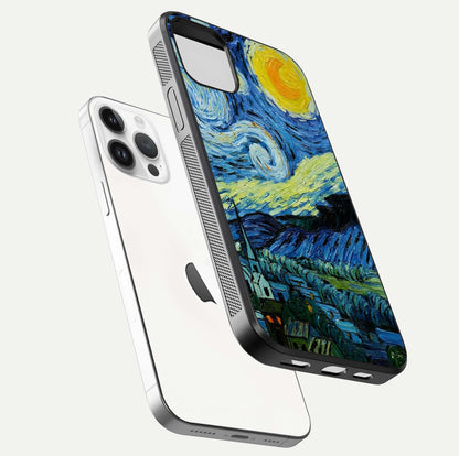 Inspired Van Gogh Art Glass Case for iPhone 14 Pro floating dual-view mockup showing gloss depth and artistic reflection