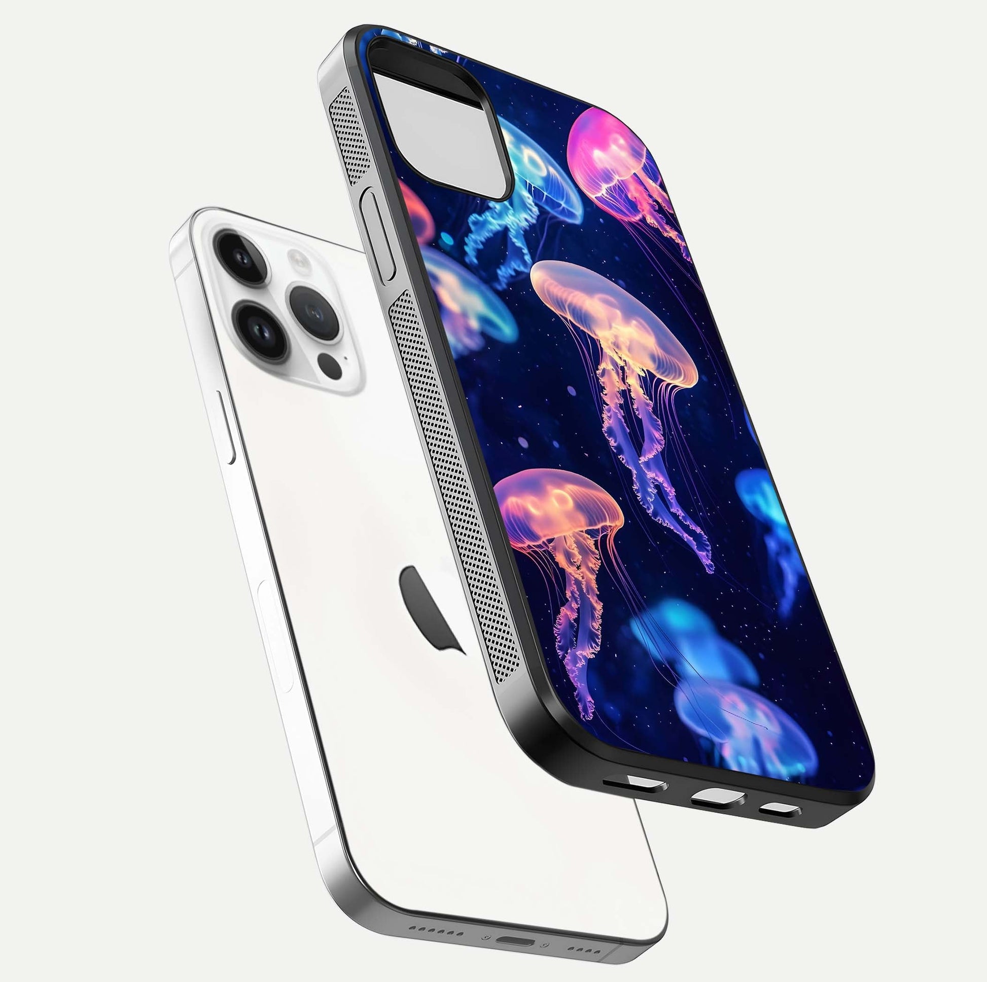 Jellyfish Pattern Glass Case for iPhone 14 Pro floating dual-view mockup showing gloss texture and oceanic depth