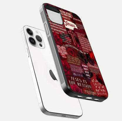 Jesus Love Heals Glass Case for iPhone 14 Pro floating dual-view mockup showing glossy shine and faith-inspired art