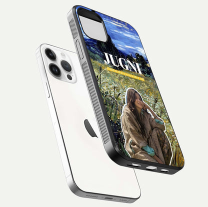 Jugni Soul Vibes Glass Case for iPhone 14 Pro floating dual-view mockup showing gloss surface and vivid design style