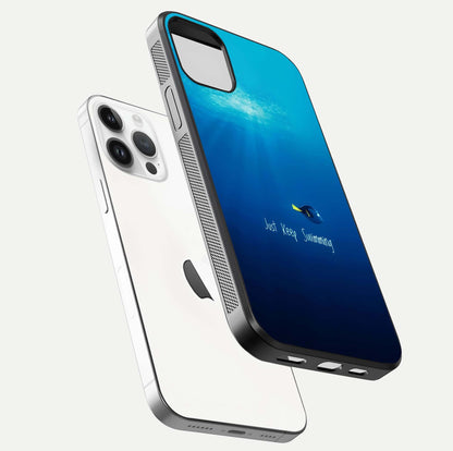 Just Keep Swimming Glass Case for iPhone 14 Pro floating dual-view mockup showing gloss brightness and wave motif