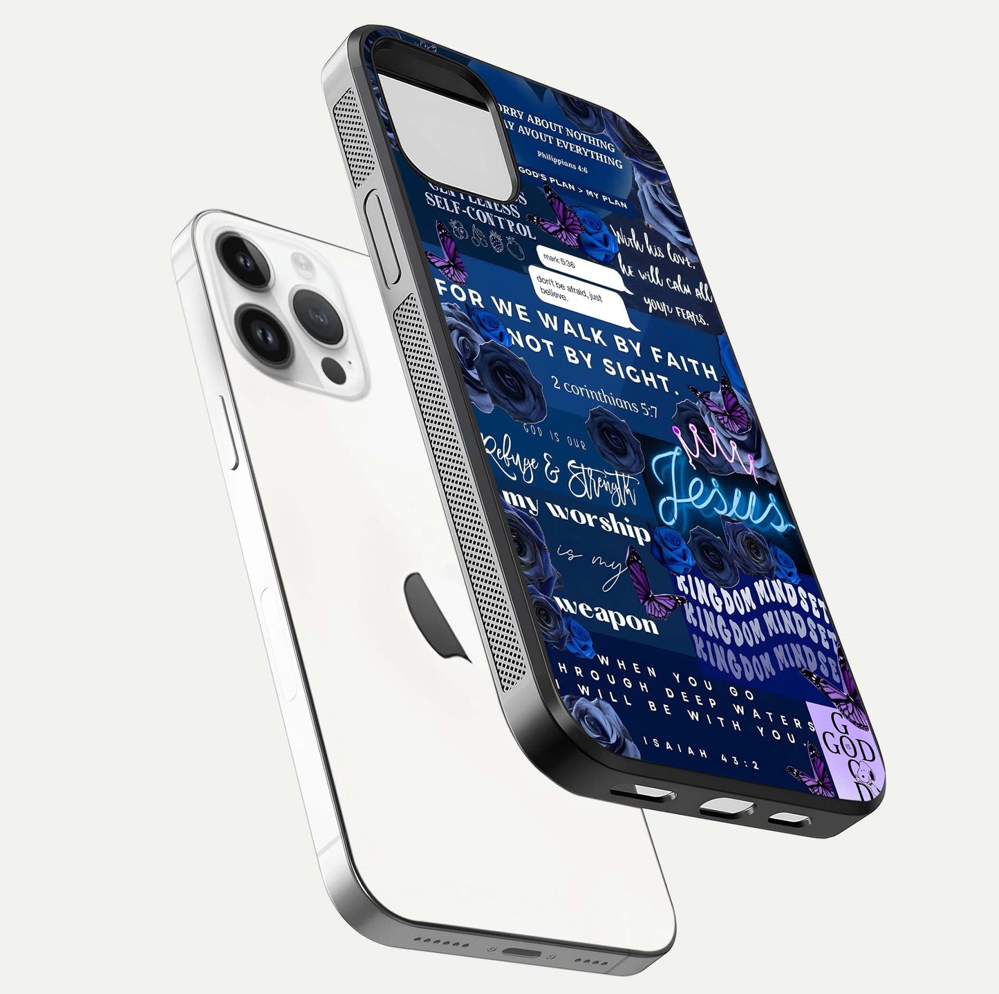 Kingdom Faith Glow Glass Case for iPhone 14 Pro floating dual-view mockup showing premium gloss and golden aura