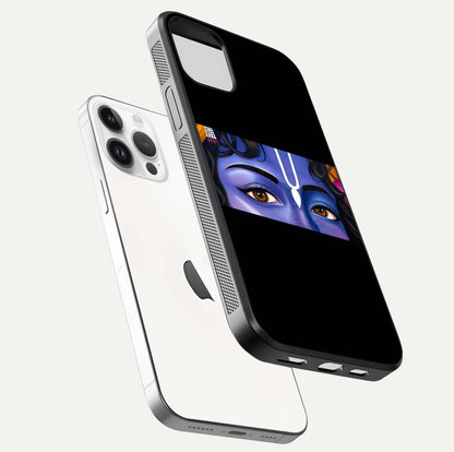 Krishna Eye Glass Case for iPhone 14 Pro floating dual-view mockup showing gloss surface and divine art depth