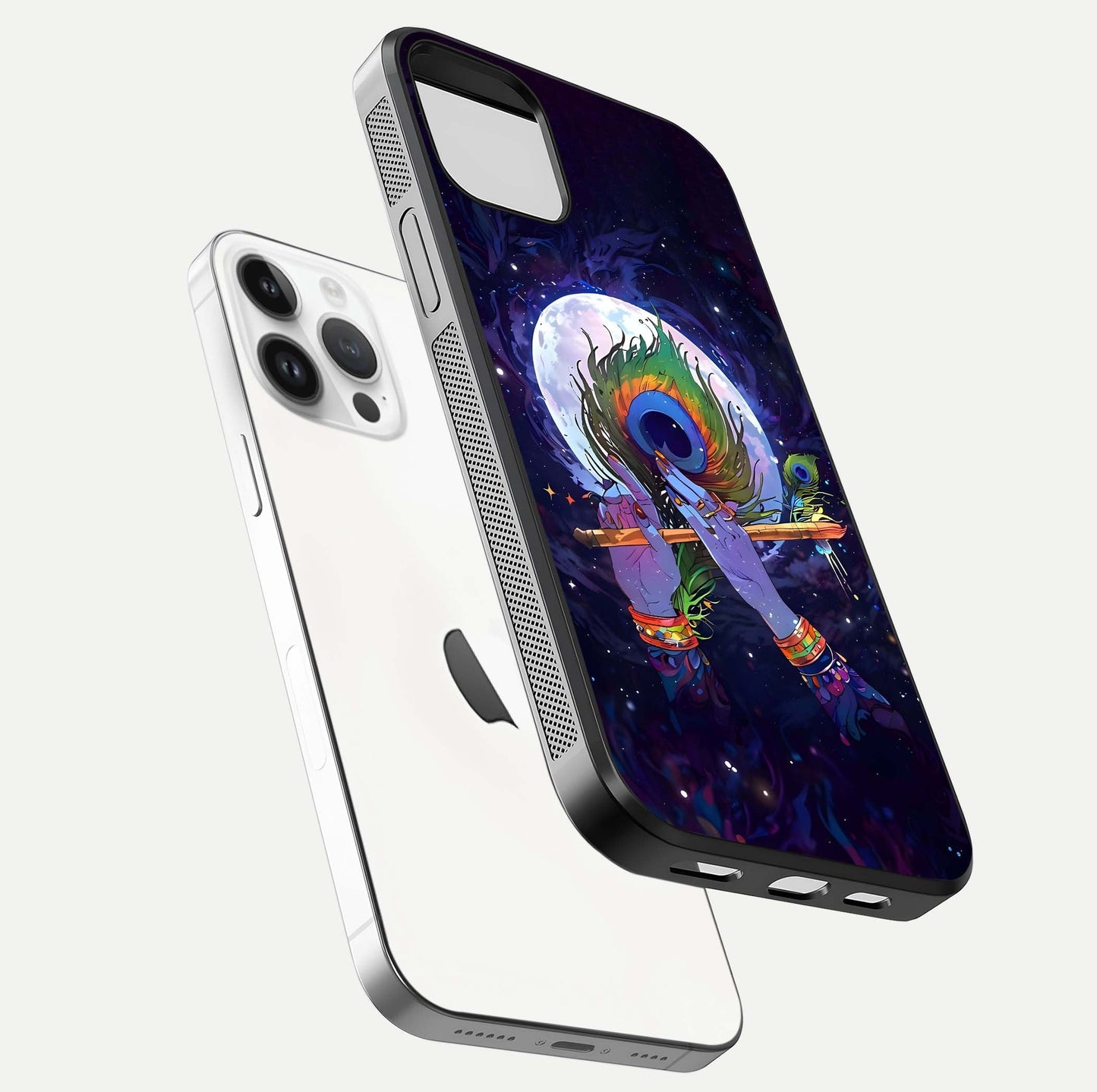 Krishna Hands Art Glass Case for iPhone 14 Pro floating dual-view mockup showing premium gloss reflection