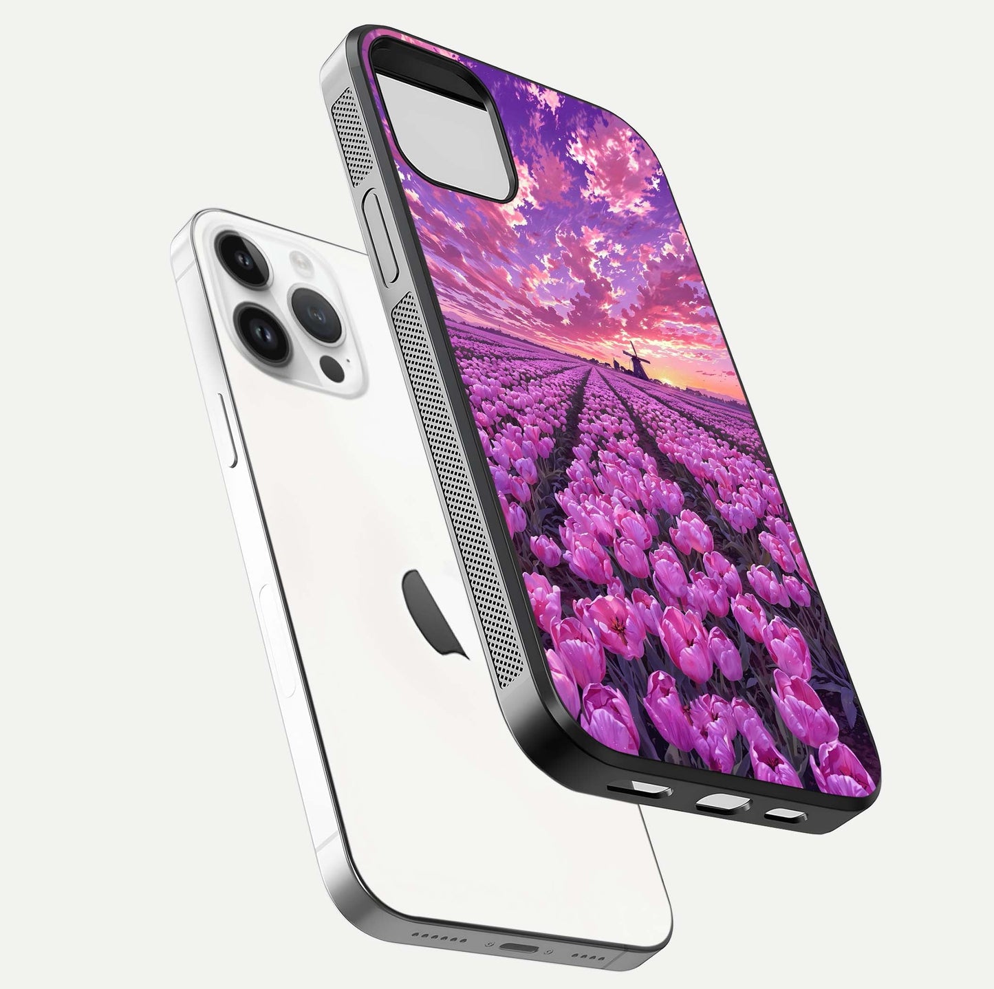 Lavender Dream Skies Glass Case for iPhone 14 Pro floating dual-view mockup showing gloss polish and pastel design