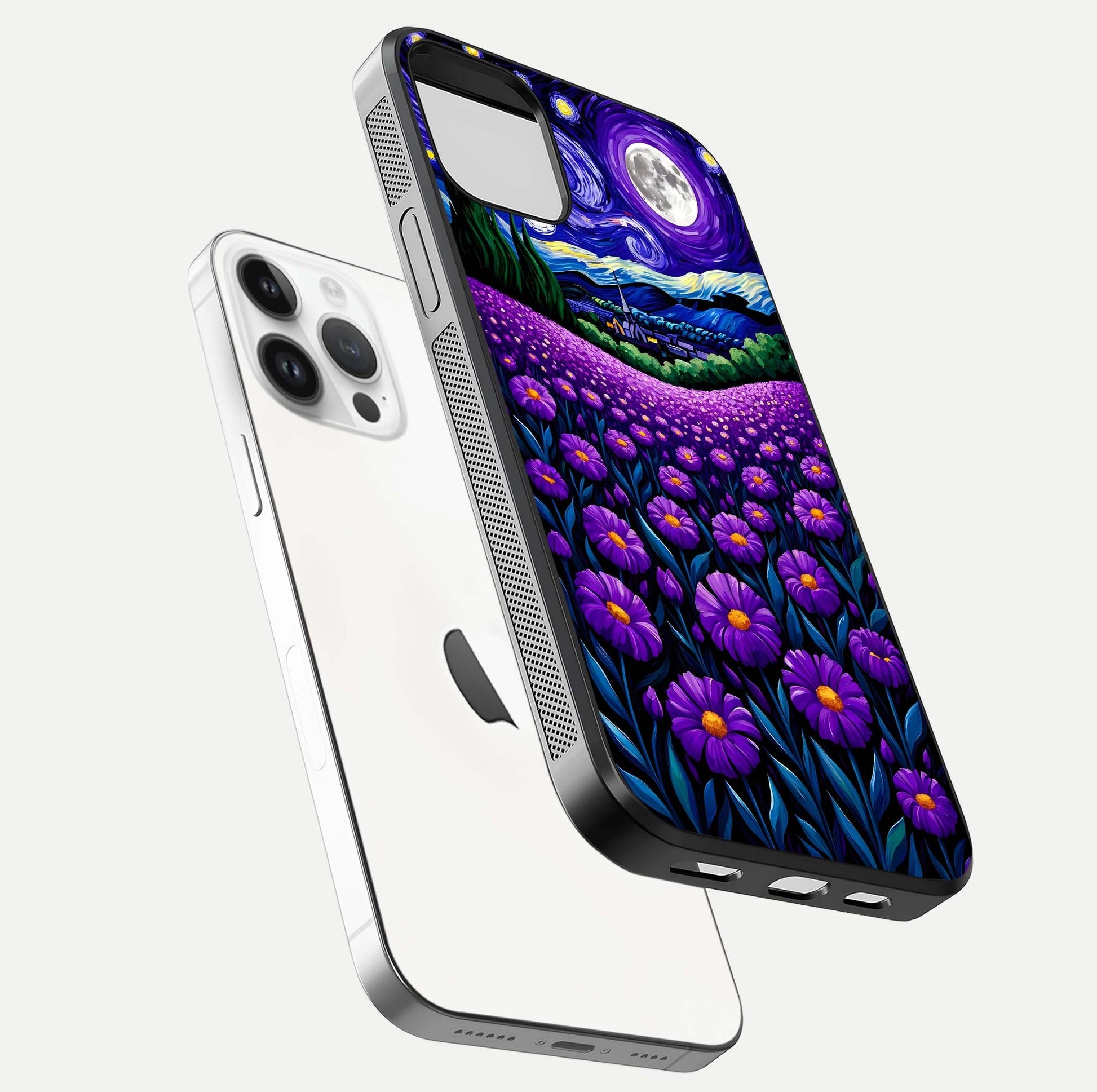 Lavender Moon Field Glass Case for iPhone 14 Pro floating dual-view mockup showing gloss surface and floral glow