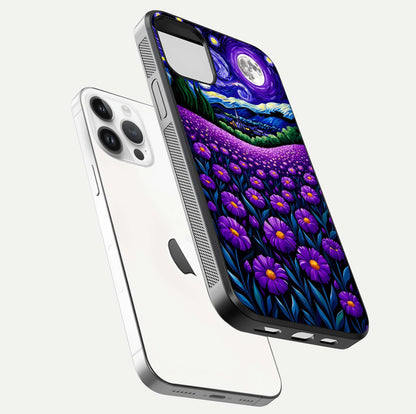 Lavender Moon Field Glass Case for iPhone 14 Pro floating dual-view mockup showing gloss surface and floral glow