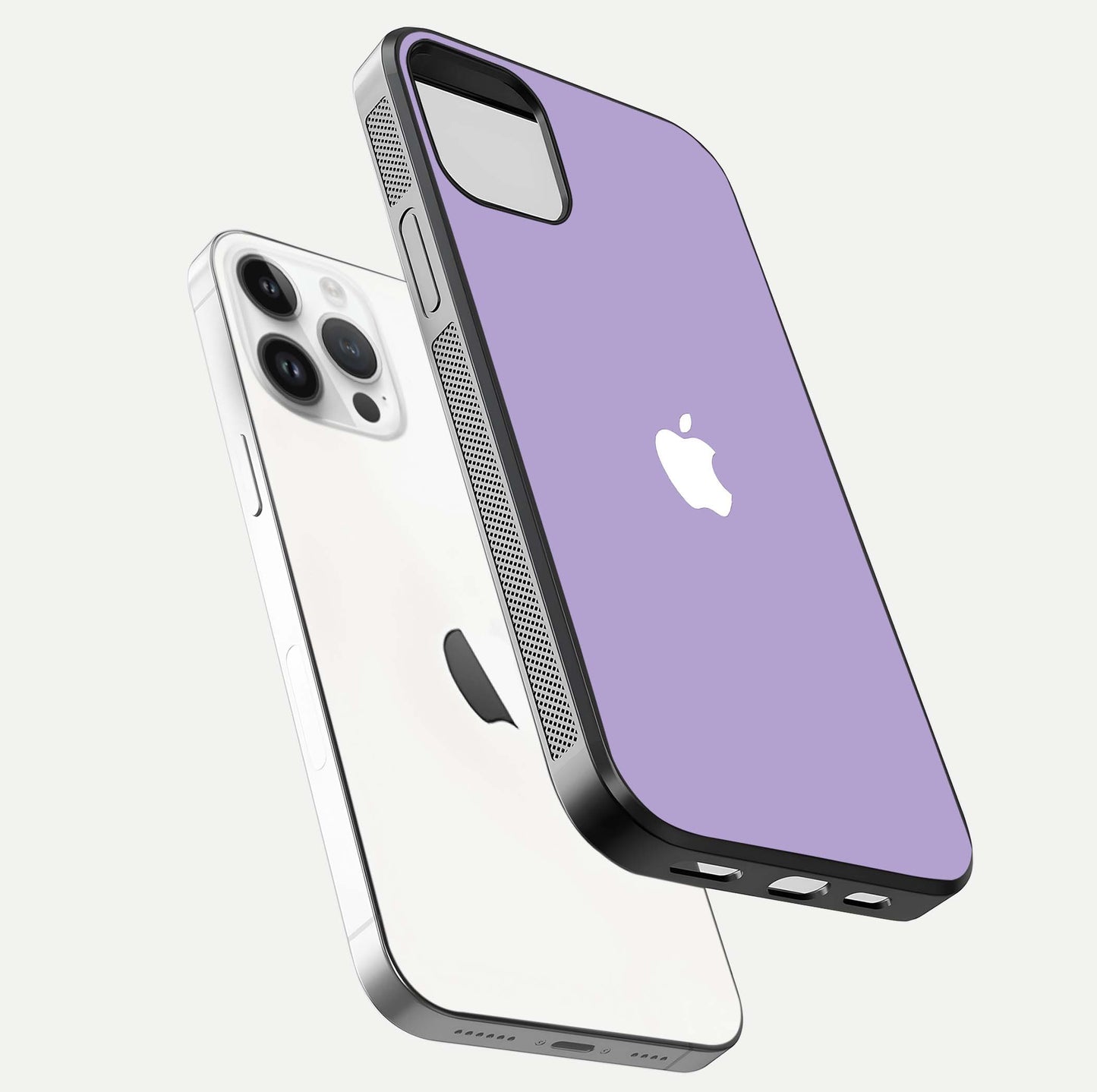 Lavender Soft Minimal Glass Case for iPhone 14 Pro floating dual-view mockup showing gloss reflection and pastel tone