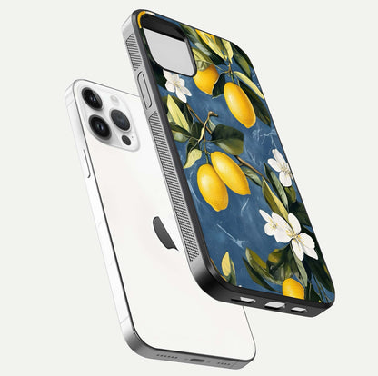 Lemon Dream Garden Glass Case for iPhone 14 Pro floating dual-view mockup showing gloss brightness and vivid yellow print