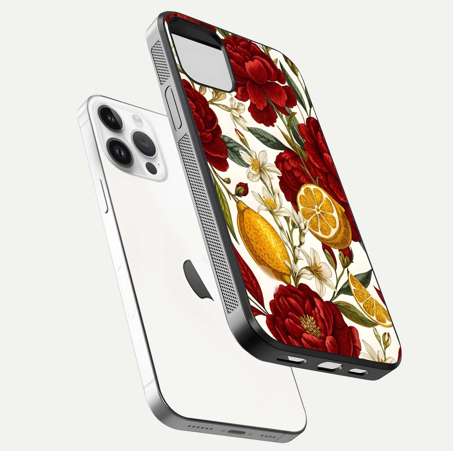 Lemon Rose Charm Glass Case for iPhone 14 Pro floating dual-view mockup showing gloss polish and floral gradient