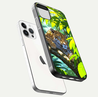 Leopard in Jungle Glass Case for iPhone 14 Pro floating dual-view mockup showing gloss finish and HD wild pattern