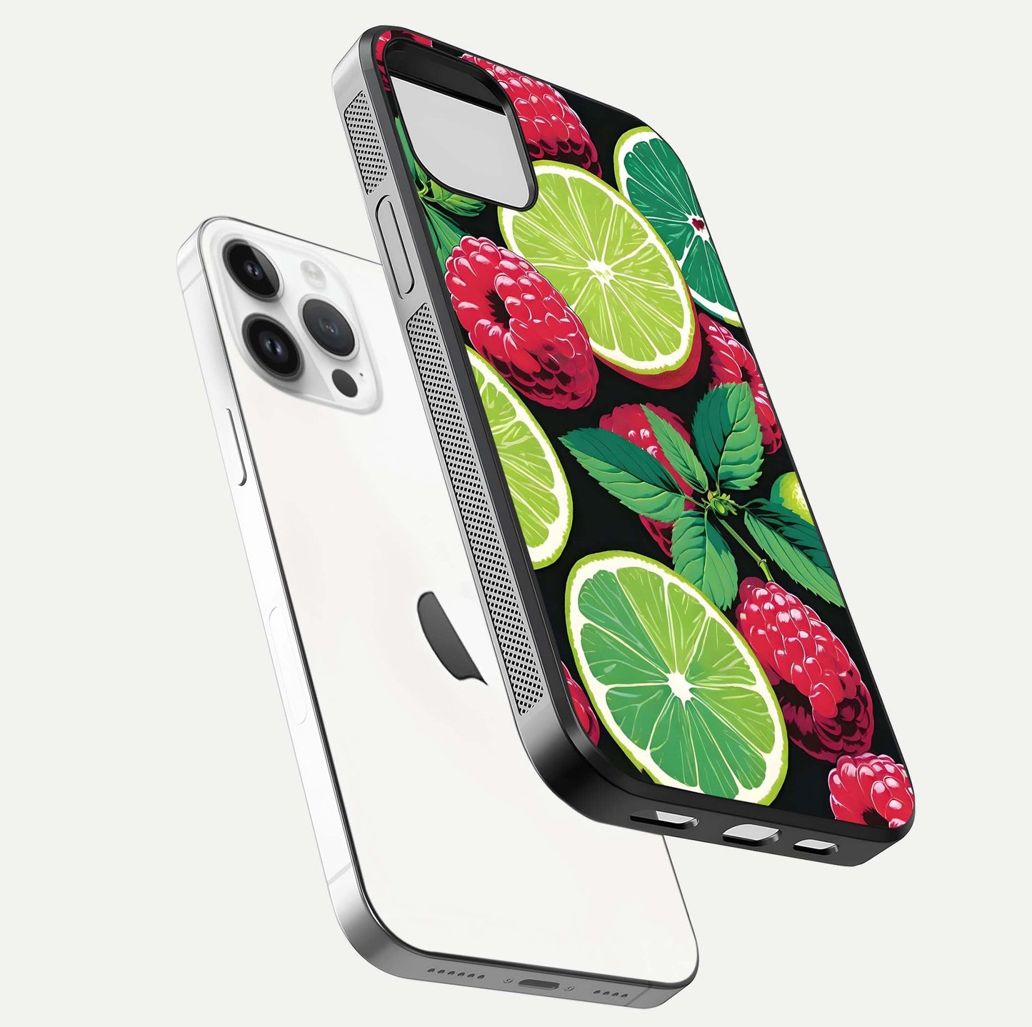 Lime and Raspberry Pattern Glass Case for iPhone 14 Pro floating dual-view showing HD gloss and vivid print