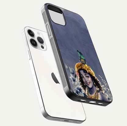 Lord Krishna Glass Case for iPhone 14 Pro floating dual-view showing glossy shine and divine artistic pattern