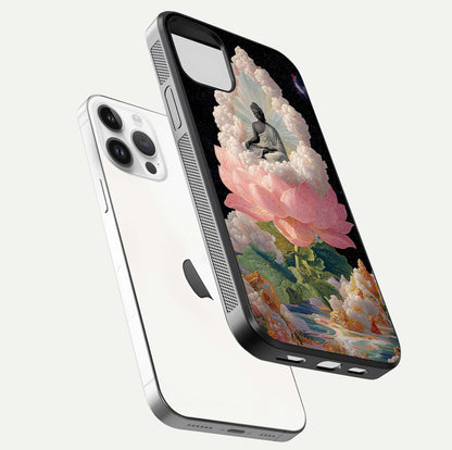 Lotus Divine Peace Glass Case for iPhone 14 Pro floating dual-view mockup with glass glow and spiritual calm art