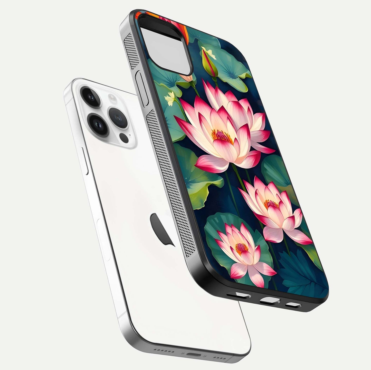 Lotus Dream Serenity Glass Case for iPhone 14 Pro floating dual-view mockup highlighting HD gloss glow
