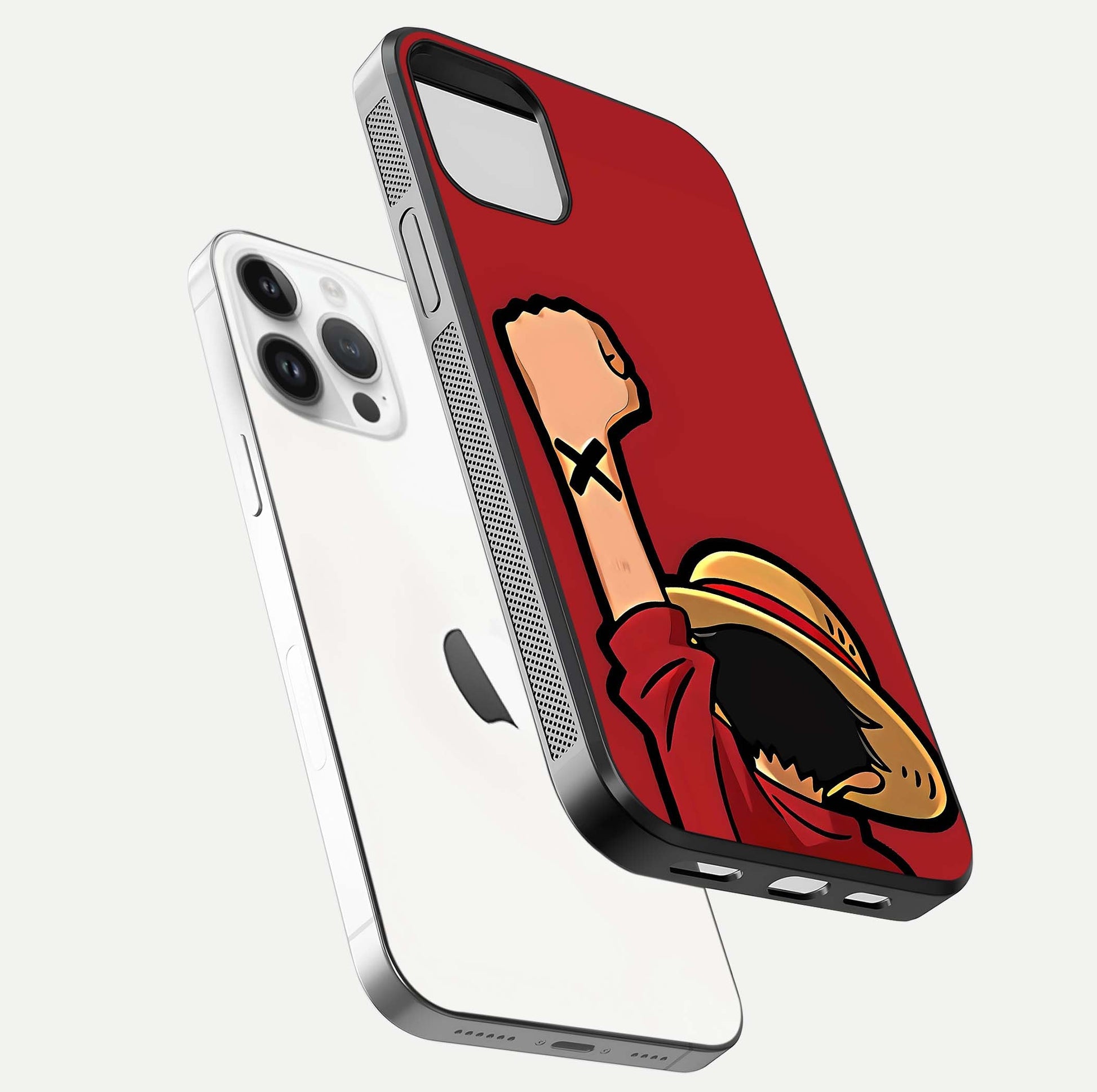 Luffy X Spirit Glass Case for iPhone 14 Pro floating dual-view mockup showing gloss polish and vibrant color depth