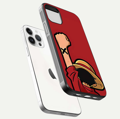 Luffy X Spirit Glass Case for iPhone 14 Pro floating dual-view mockup showing gloss polish and vibrant color depth