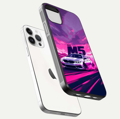 MS Neon Car Glass Case for iPhone 14 Pro floating dual-view mockup showing HD gloss and electric color tones