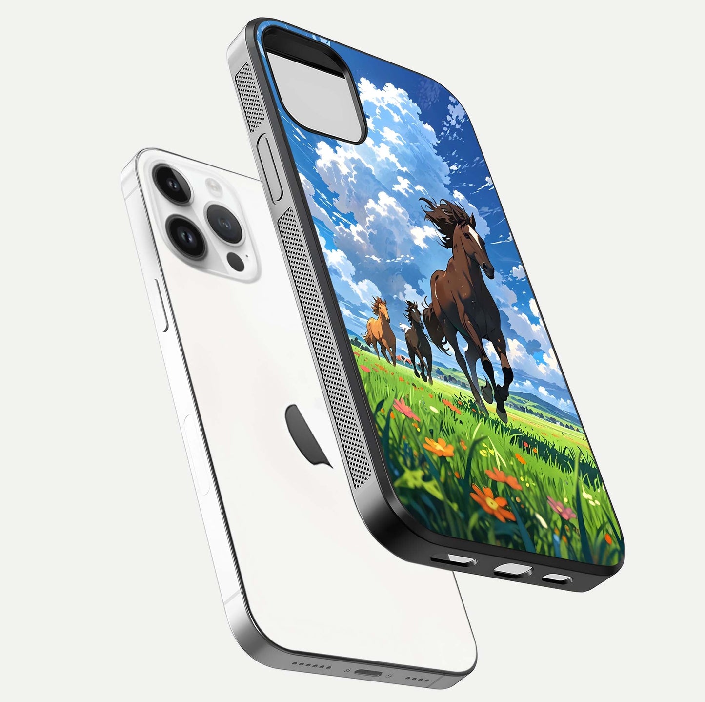 Majestic Horses Galloping Glass Case for iPhone 14 Pro floating dual-view mockup showing gloss texture and vivid tones