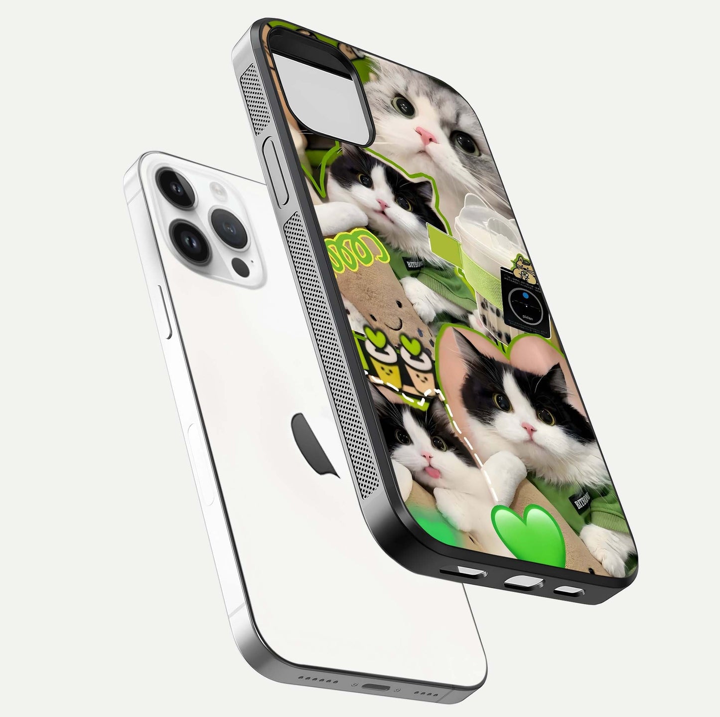 Matcha Cats Mood Glass Case for iPhone 14 Pro floating dual-view mockup showing HD gloss surface and soft tones
