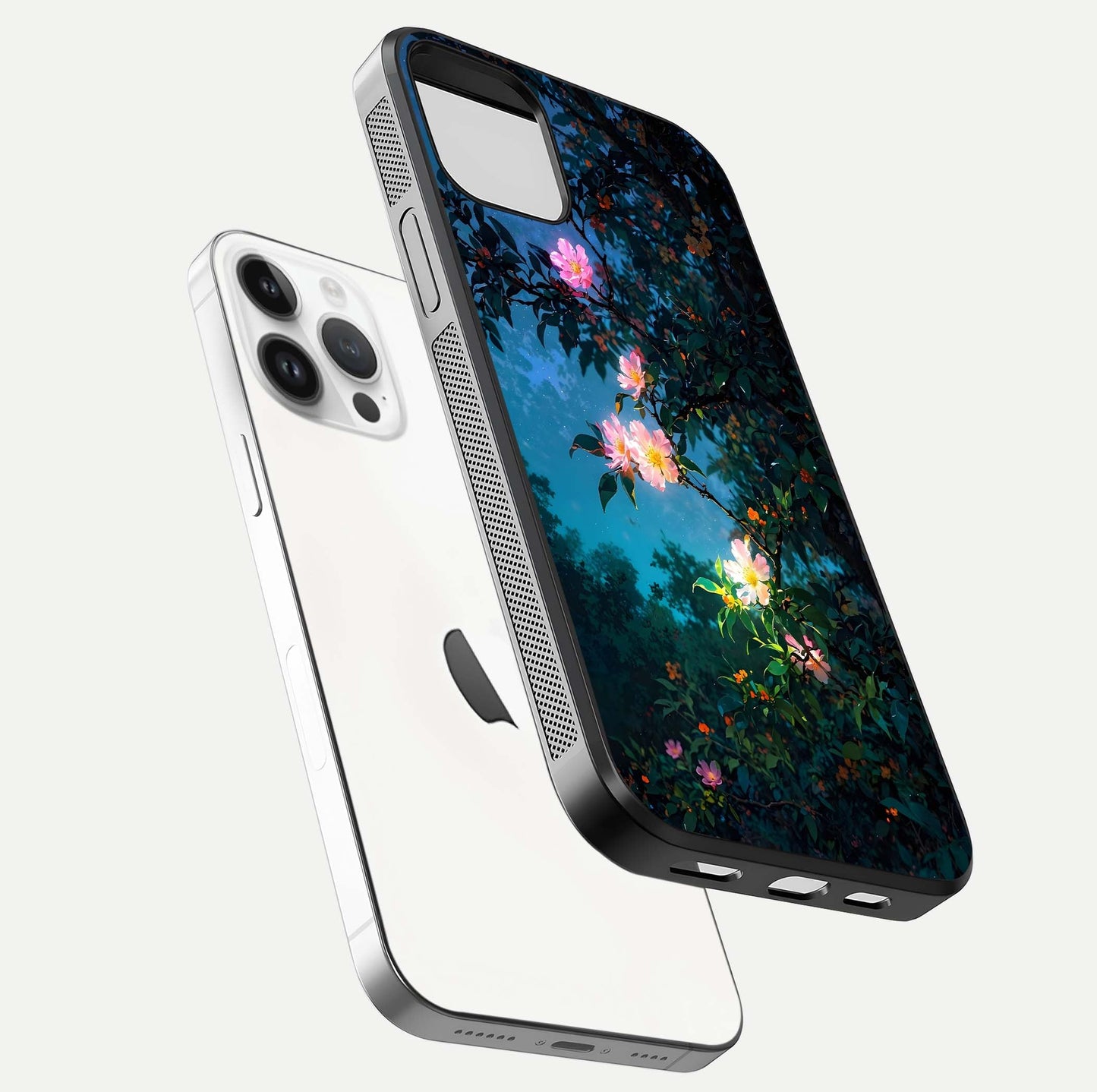 Midnight Bloom Glow Glass Case for iPhone 14 Pro floating dual-view mockup showing HD gloss and floral contrast