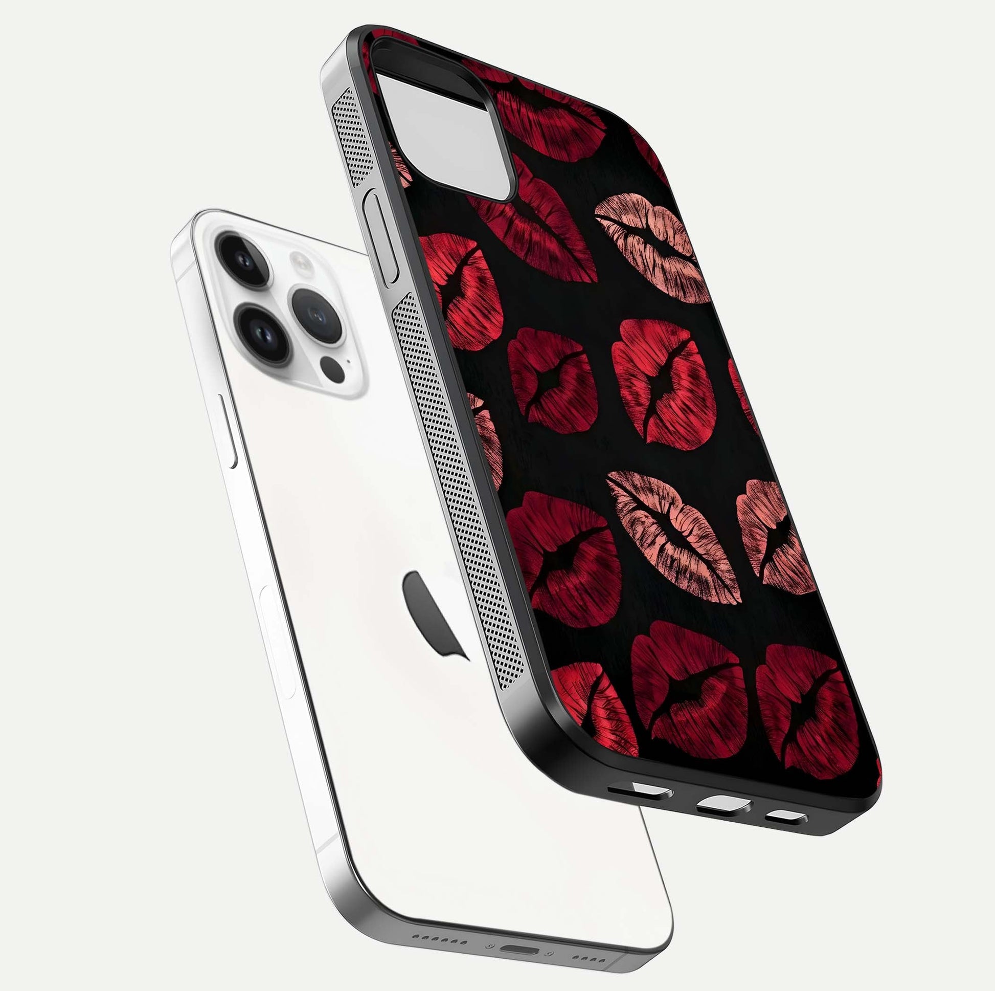 Midnight Kiss Love Glass Case for iPhone 14 Pro floating dual-view mockup showing HD gloss and elegant edge design
