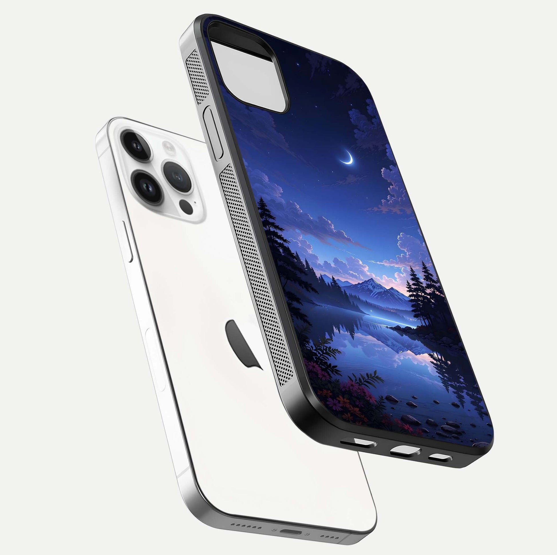 Midnight Lake Peace Glass Case for iPhone 14 Pro floating dual-view mockup showing gloss finish and peaceful art